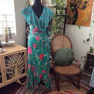 NWT Beulah London Ratna Green Floral Ruffled Hem Boho Silk Wrap Dress